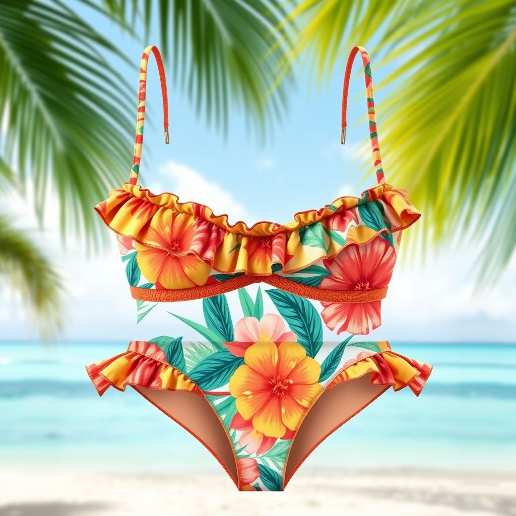 בגד ים ביקיני בסגנון של Eres
Create a vibrant Eres-inspired bikini, featuring intricate tropical prints that capture the essence of summer. Incorporate lightweight, breathable fabrics with ruffled edges and adjustable straps for a perfect fit. Opt for a sun-kissed color palette with shades of coral, turquoise, and sunny yellow, evoking beachy memories and effortless summertime elegance.