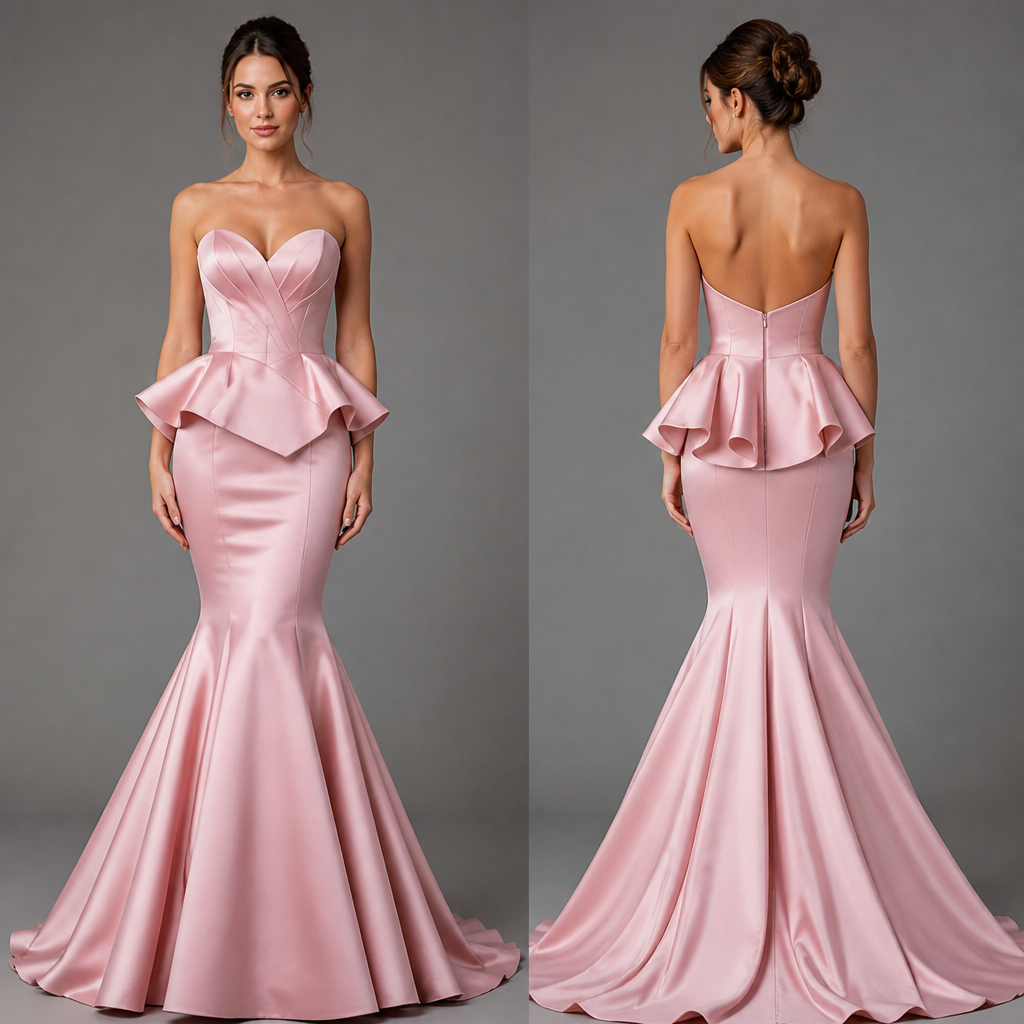 Mermaid dress with big bottom sweetheart next line and peplum
photorealistic fashion design, Mermaid dress with big bottom sweetheart next line and peplum , just the design no text, show front and back