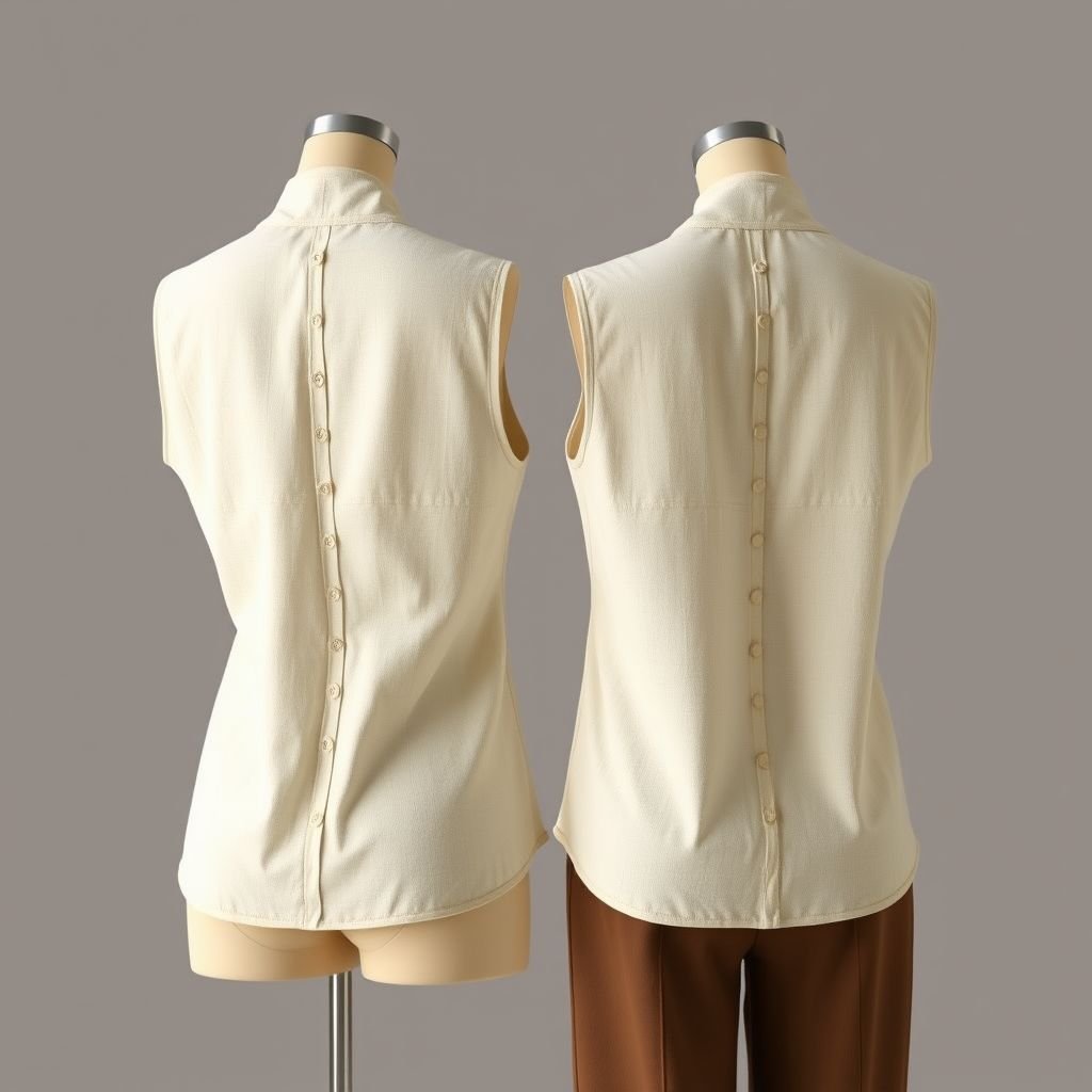 Summer top made from linen and Cotten blend with a high neck, sleeveless, fitted, with buttons down the middle of the back, beige in color, show front and back
Design a minimalist summer top featuring a refined blend of linen and cotton. Showcase a high neck and sleeveless silhouette for elegance. The fitted style embraces simplicity, accentuated by discrete buttons trailing down the middle of the back. Render in soft beige hues, capturing the essence of understated sophistication in both front and back views.