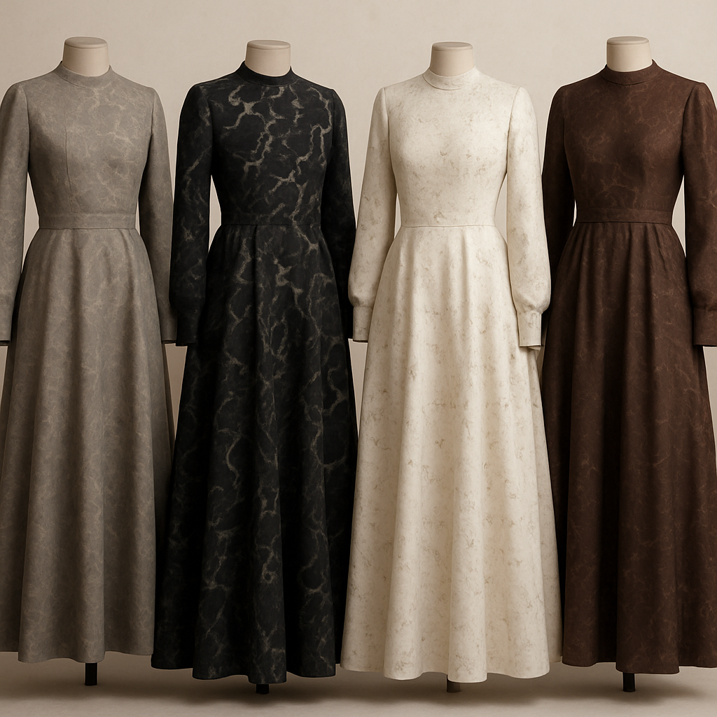 Create a modest dresses, first of its kind, featuring a unique stone design that exudes a classy and sophisticated vibe. I'd like four designs, each showcasing different styles and fabrics. Incorporate high-end, unique chic stone designs to make them truly special. Add little sophisticated stone designs. Make it irresistible for customers 

Create a modest dresses, first of its kind, featuring a unique stone design that exudes a classy and sophisticated vibe. I'd like four designs, each showcasing different styles and fabrics. Incorporate high-end, unique chic stone designs to make them truly special. Add little sophisticated stone designs. Make it irresistible for customers 