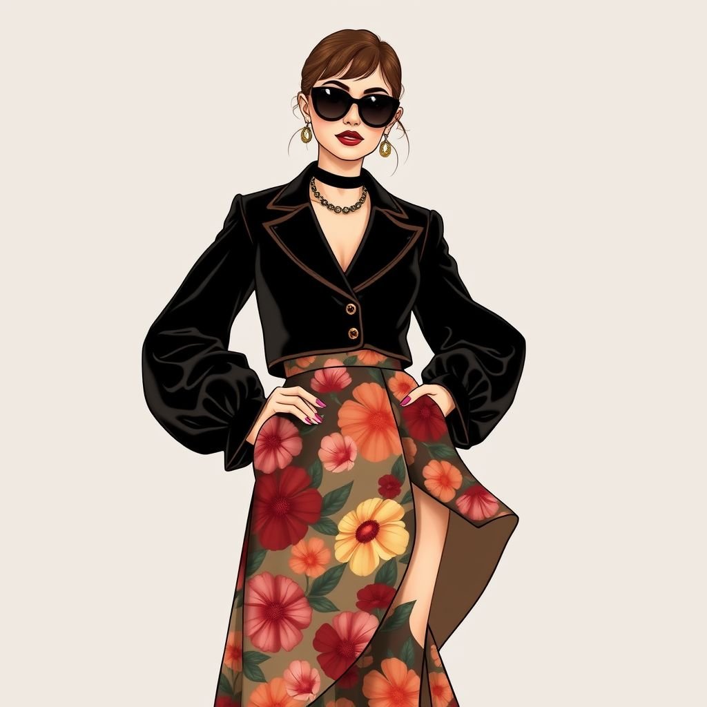 90s couture fashion
Design an exquisite 90s couture ensemble, featuring a cropped velvet blazer adorned with intricate button details and billowing silk sleeves. Pair it with a flowy, asymmetrical midi skirt showcasing bold floral prints. Add a choker necklace, oversized round sunglasses, and classic kitten-heeled mules to complete this nostalgic yet sophisticated vintage look.
