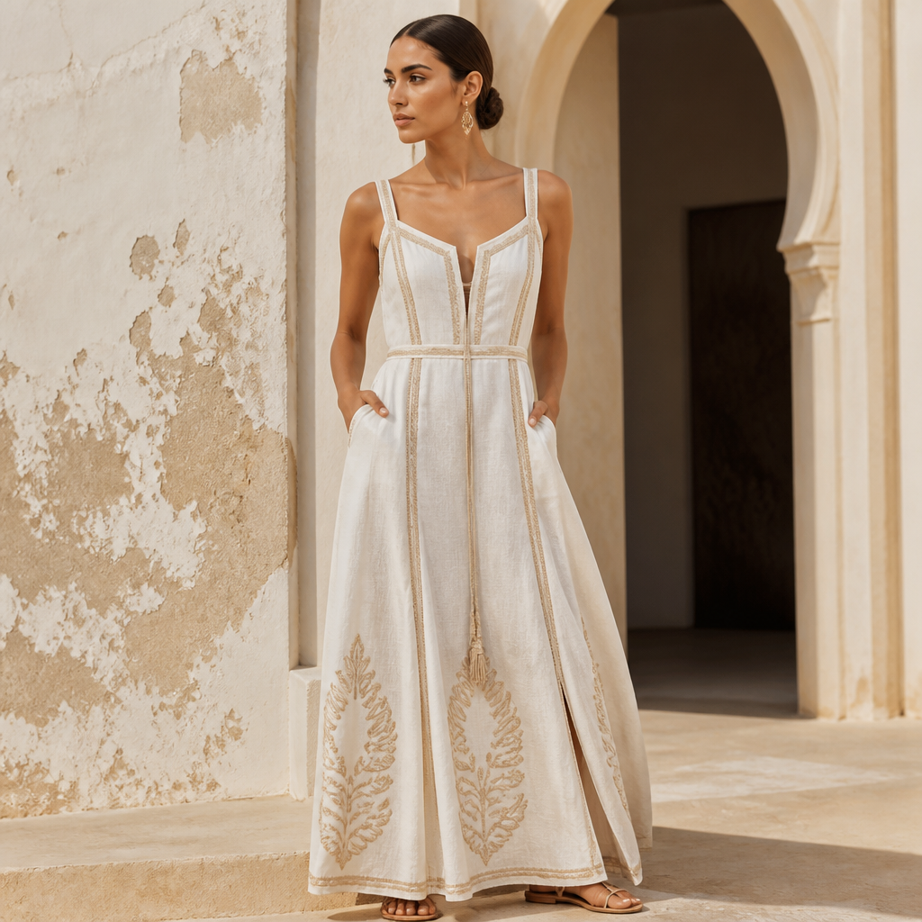 A Female Dress design, suitable for Summer. Tunisia fashion aesthetics. Current season is Summer in Tunisia.
photorealistic fashion design, A Female Dress design, suitable for Summer. Tunisia fashion aesthetics. Current season is Summer in Tunisia., just the design no text
