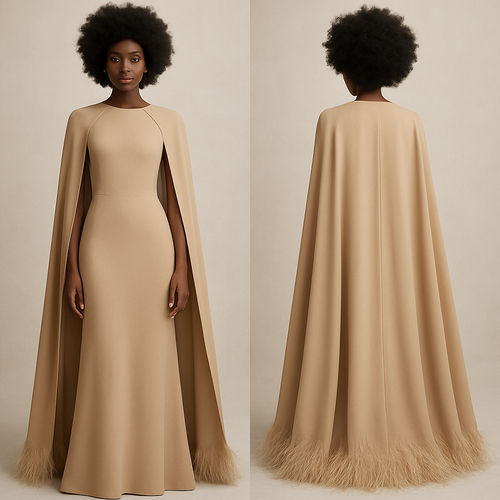 Create a realistic photo for a fashion magazine, make the woman wearing a beige dress with long cape and feather at the end of the cape. Make her hair afro and make her a black woman