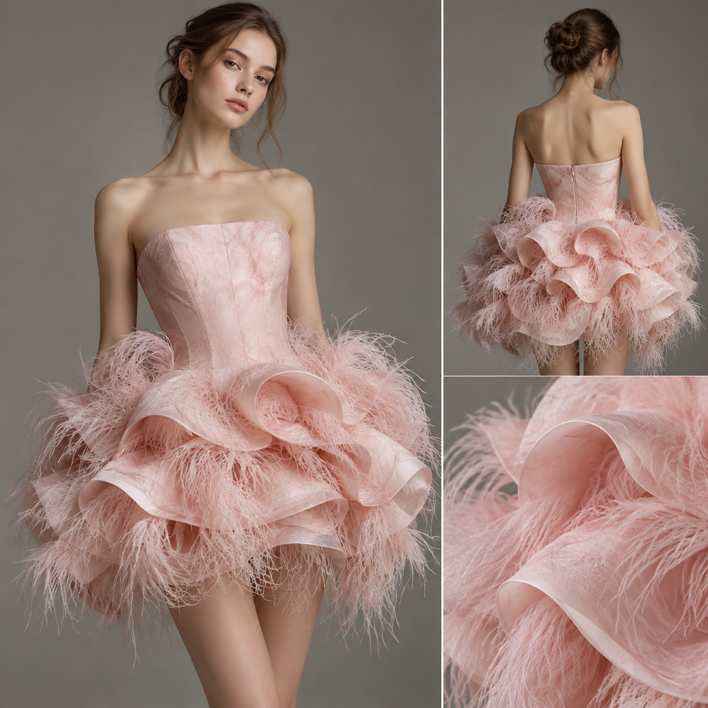 A short, elegant, high-fashion pink dress. It is a one-piece dress, not a separate top and skirt.
The upper part is sleeveless and starts around the bust, with a thick, structured, luxurious fabric. The fabric has a very soft baby-pink color with subtle variations of pink, like a wide, soft brushstroke blended naturally into the fabric. The color variations should be very subtle and abstract, not clearly recognizable as flowers, leaves, or a specific pattern. It should look almost like one soft color from a distance, with delicate pink variations visible up close.
The lower part is very short and dramatically puffy. The fabric rises upward in irregular but carefully arranged layers, creating a messy-but-elegant sculptural shape. The layers overlap and flow into each other with no obvious gaps between them.
The edges are decorated with soft, delicate feathers that point both upward and downward. The feathers are slightly messy and layered into the fabric, but still look luxurious and intentional.
Overall, the dress should look feminine, sophisticated, dreamy, artistic, and unique, with an elegant kind of controlled messiness. High-fashion runway design, realistic fabric texture, detailed craftsmanship.
photorealistic fashion design, A short, elegant, high-fashion pink dress. It is a one-piece dress, not a separate top and skirt.
The upper part is sleeveless and starts around the bust, with a thick, structured, luxurious fabric. The fabric has a very soft baby-pink color with subtle variations of pink, like a wide, soft brushstroke blended naturally into the fabric. The color variations should be very subtle and abstract, not clearly recognizable as flowers, leaves, or a specific pattern. It should look almost like one soft color from a distance, with delicate pink variations visible up close.
The lower part is very short and dramatically puffy. The fabric rises upward in irregular but carefully arranged layers, creating a messy-but-elegant sculptural shape. The layers overlap and flow into each other with no obvious gaps between them.
The edges are decorated with soft, delicate feathers that point both upward and downward. The feathers are slightly messy and layered into the fabric, but still look luxurious and intentional.
Overall, the dress should look feminine, sophisticated, dreamy, artistic, and unique, with an elegant kind of controlled messiness. High-fashion runway design, realistic fabric texture, detailed craftsmanship., just the design no text