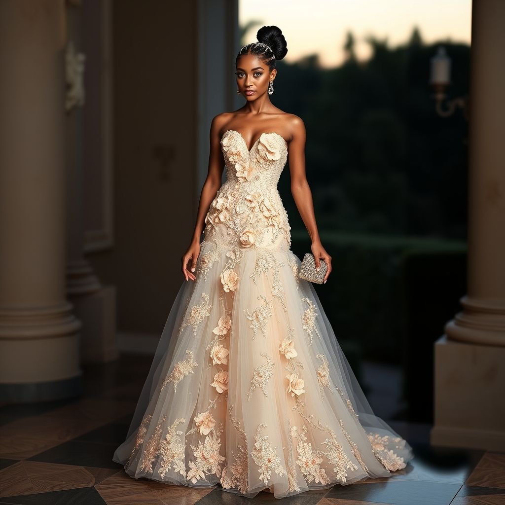 Kente floor length corset dress fully beaded at the top with flowers at the bottom
Design a breathtaking floor-length Kente corset dress, radiating glamour with intricate beadwork that sparkles like stars at dusk. The bodice is adorned with opulent floral appliqués cascading into an ethereal tulle skirt, creating an enchanting silhouette. Accentuate with statement earrings and a shimmering clutch for a truly luxurious ensemble.