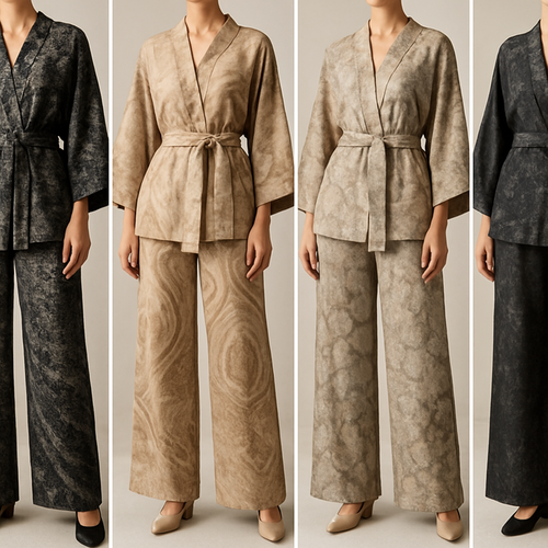 Create a modest two piece loose pant and kimono , first of its kind, featuring a unique stone design that exudes a classy and sophisticated vibe. I'd like four designs, each showcasing different styles and fabrics. Incorporate high-end, unique chic stone designs to make them truly special. Add little sophisticated stone designs. Make it irresistible!