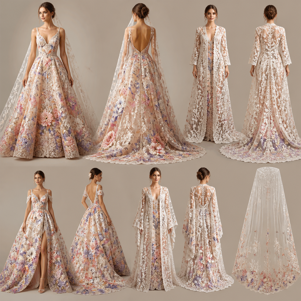 photorealistic fashion design, photorealistic fashion design, photorealistic fashion design, photorealistic fashion design, A Female Dress design, for Wedding, suitable for Summer, in Elegant + Glamorous + Floral style. a colourful wedding dresses with a vail, elegant style, just the design no text, show front and back. Refinement: a corresponding coat, just the design no text. Refinement: a corresponding coat in lace a vail. more cutting designs, just the design no text. Refinement: a lace long coat added , just the design no text. Refinement: a vail
photorealistic fashion design, photorealistic fashion design, photorealistic fashion design, photorealistic fashion design, photorealistic fashion design, A Female Dress design, for Wedding, suitable for Summer, in Elegant + Glamorous + Floral style. a colourful wedding dresses with a vail, elegant style, just the design no text, show front and back. Refinement: a corresponding coat, just the design no text. Refinement: a corresponding coat in lace a vail. more cutting designs, just the design no text. Refinement: a lace long coat added , just the design no text. Refinement: a vail, just the design no text