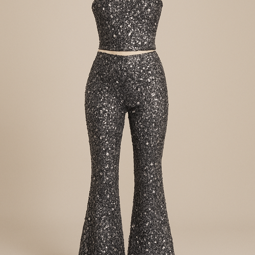 Can you create dark silver sequin tight flare trousers with matching strapless sequin corset top that comes to the belly button
Im looking for different sequins ones that look hand sewn as if the trousers are knitted