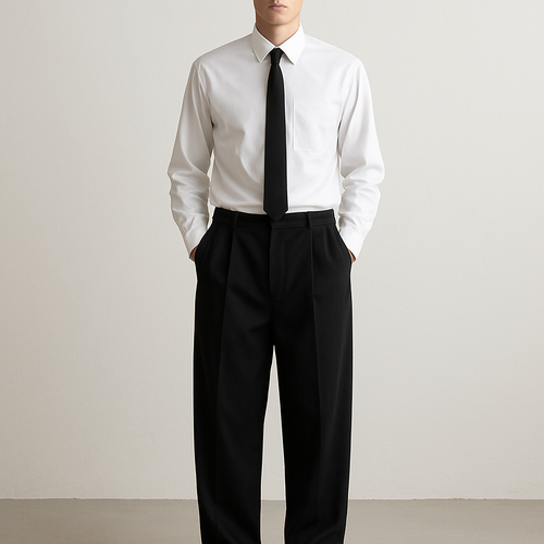 White plain long sleeve shirt with black button up underneath and oversized black sweats bottoms and add a tie and show collar, show head to toe