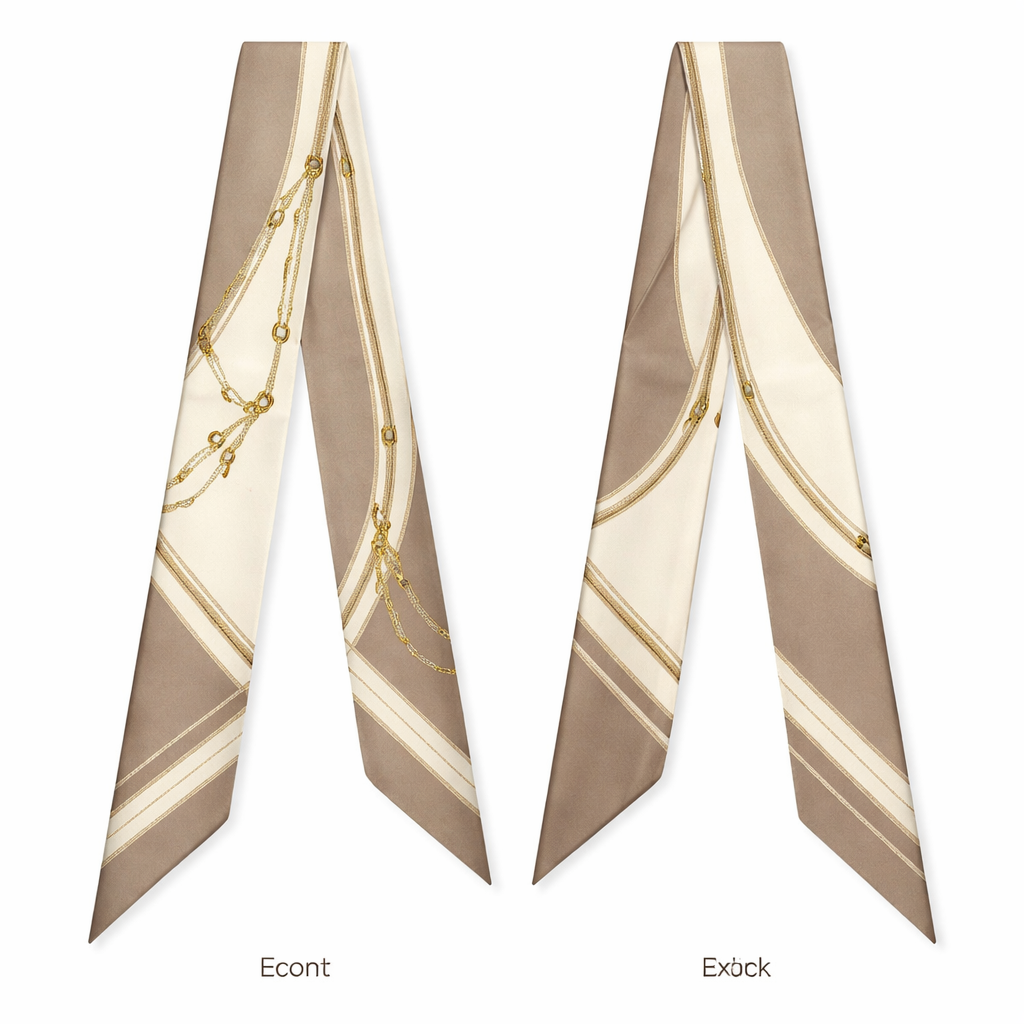 Silk scarf that is 5x86cm designed for a handle on a Kelly style bag that is simple and elegant with neutrals
Silk scarf that is 5x86cm designed for a handle on a Kelly style bag that is simple and elegant with neutrals, classic style, show front and back