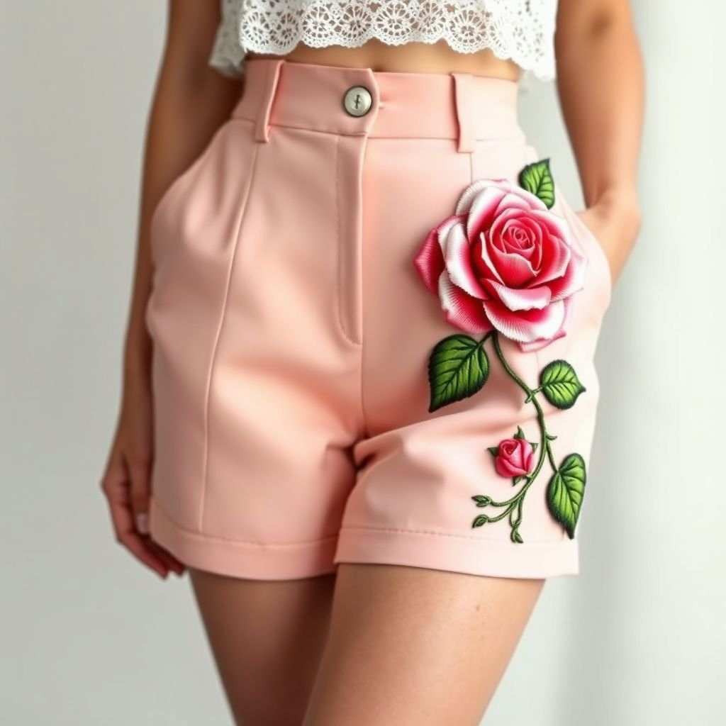 Shorts with a rose
Design a pair of tailored high-waisted shorts featuring intricate embroidery of a blooming rose cascading down one side. The fabric showcases a luxurious blend of pastel shades, evoking a soft romantic vibe. Pair these shorts with a delicate lace crop top and strappy sandals for a whimsical summer garden party look.