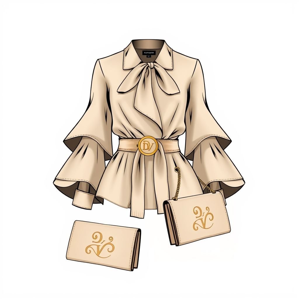 Women's Double-Layer flare Sleeve Tie-Front Blouse, with a belt around waist that says “DV” and “DV” on tag inside shirt. With heels on that has “DV” on bottom and a purse with DV on it to match the skirt and heels
Design an elegant women's double-layered flare sleeve blouse with a sophisticated tie-front detail, cinched at the waist with a luxurious belt featuring the embossed “DV” logo. Pair it with chic, pointed-toe heels discreetly embossed with “DV” on the soles, and an exquisite matching purse adorned with the same initials, creating a polished ensemble perfect for upscale events.