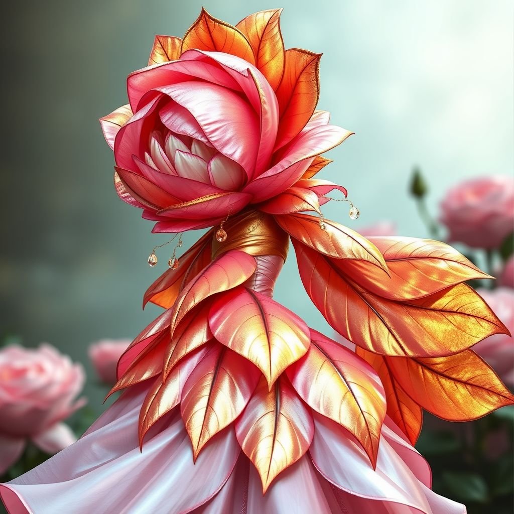 Alice from Alice in Wonderland as a talking rose
Imagine Alice from Wonderland transformed into a dazzling, glamorous rose. She wears flowing, iridescent petals shimmering in shades of pink and gold, adorned with delicate crystal dew drops. Her sophisticated silhouette features elegant, structured layers that cascade like a gown, complemented by oversized, leaf-inspired headwear, blending whimsy with high-fashion allure.
