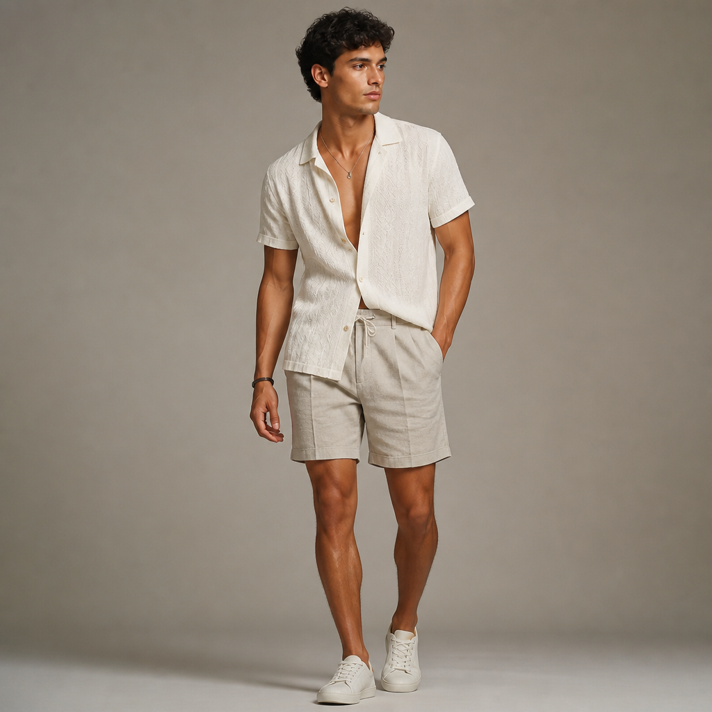 A Male fashion design. Consider American fashion — diverse and trend-driven, casual-cool, athleisure influence, regional variety from NYC sophistication to LA relaxed. Current season is Summer in United States.
photorealistic fashion design, A Male fashion design. Consider American fashion — diverse and trend-driven, casual-cool, athleisure influence, regional variety from NYC sophistication to LA relaxed. Current season is Summer in United States., just the design no text