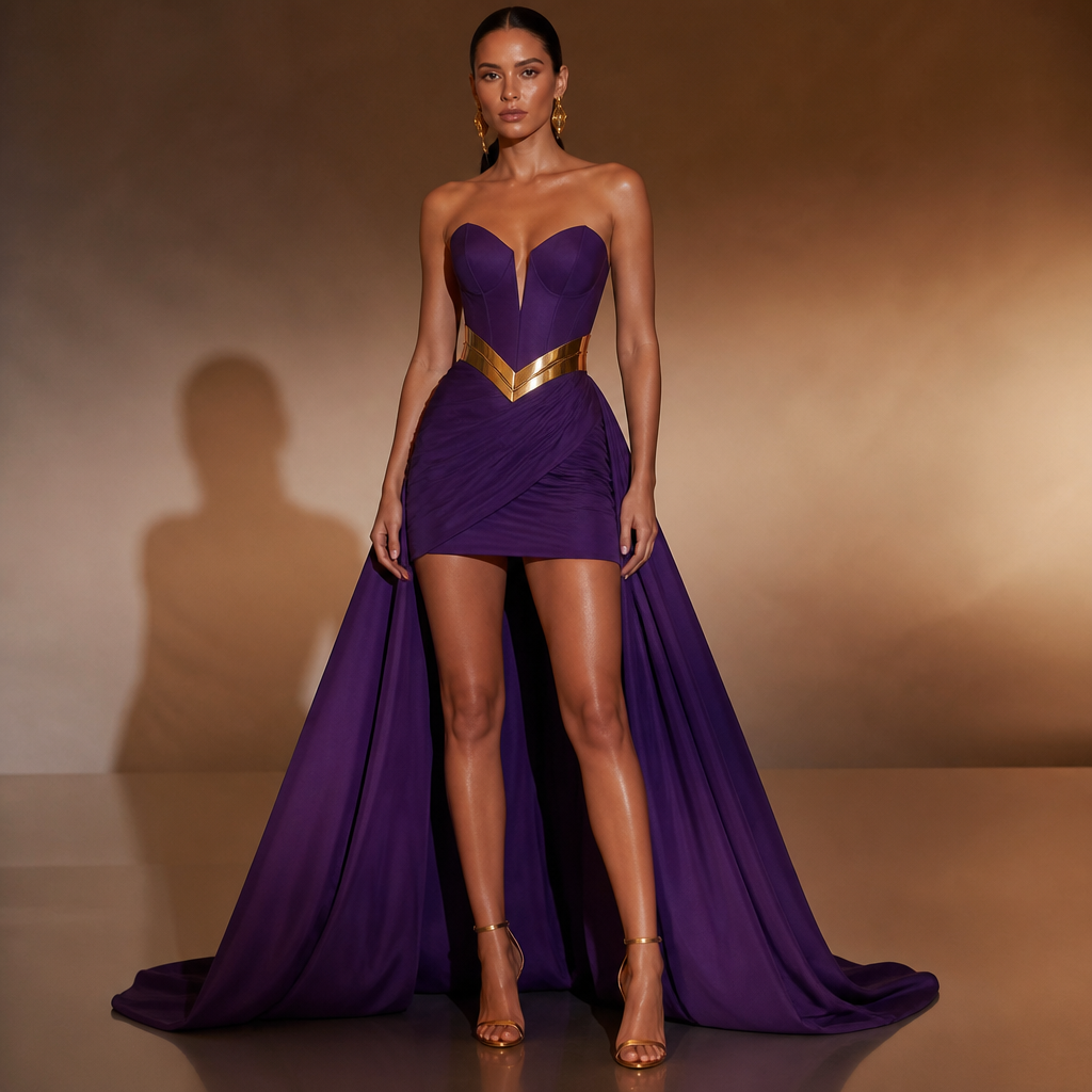 A Dress design. vestido dubinho roxo com uma calda com um cinto em v em dourado. Brazil fashion aesthetics.
photorealistic fashion design, A Dress design. vestido dubinho roxo com uma calda com um cinto em v em dourado. Brazil fashion aesthetics., just the design no text