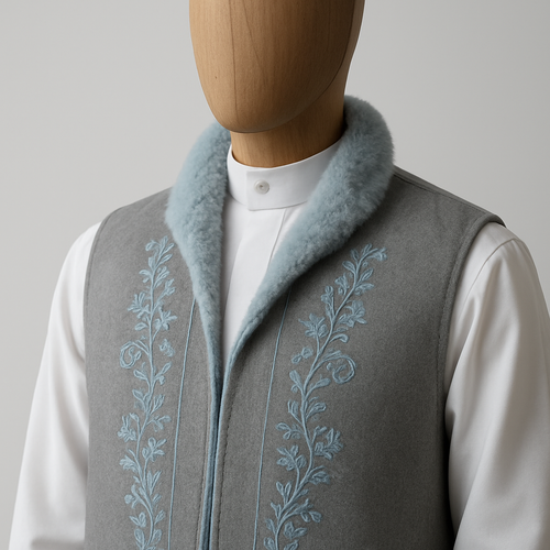 
Detailed prompt (long):
Photoreal studio photograph of a wooden mannequin wearing a medium gray vest with delicate light sky‑blue embroidery and a fur‑lined inner collar showing visible cashmere at the edge, layered over a pristine white traditional Saudi thobe made from high‑quality cotton. Emphasize fabric texture stitching, embroidery detail, and fur trim; use soft, even studio lighting to highlight texture without oversaturation; neutral light background (white or pale gray); cinematic, ultra‑detailed, photorealistic, high resolution, moderate depth of field; include a half‑length shot plus a close‑up of the collar and embroidery. Avoid text, watermarks, extra accessories, noise, and color oversaturation.

Short prompt (quick test / thumbnail):
Photorealistic wooden mannequin wearing a medium gray embroidered vest with light sky‑blue fur‑lined collar over a pristine white Saudi thobe; soft studio lighting, neutral background, high‑detail, photorealistic.

Negative prompt (optional):
No text, no watermark, no extra accessories, no noise, avoid oversaturation