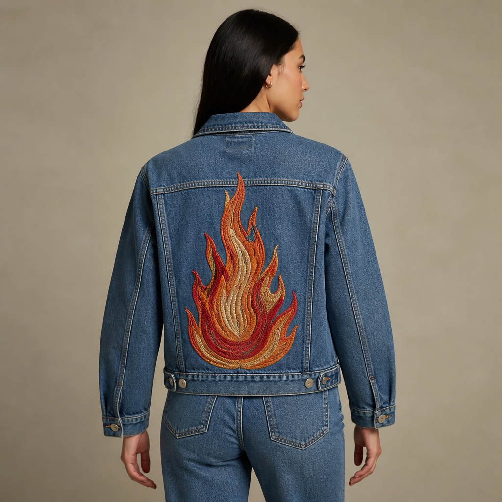 A Female Dress design, suitable for Winter. casaca de jean con un bordado atrás de una llama. Peru fashion aesthetics.
photorealistic fashion design, A Female Dress design, suitable for Winter. casaca de jean con un bordado atrás de una llama. Peru fashion aesthetics., just the design no text