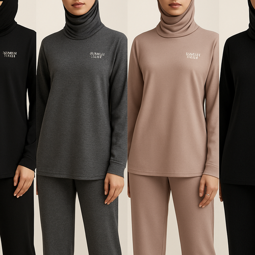 Create a revolutionary women's modest loose gym wear brand called "Modest Fleur". Display the brand name on the in a unique design on the upper right side, in small thick writing that exudes a classy and sophisticated vibe. I'd like four designs, each showcasing different styles and fabrics, with high-end, chic designs to make them truly special. Making it first design in the world 