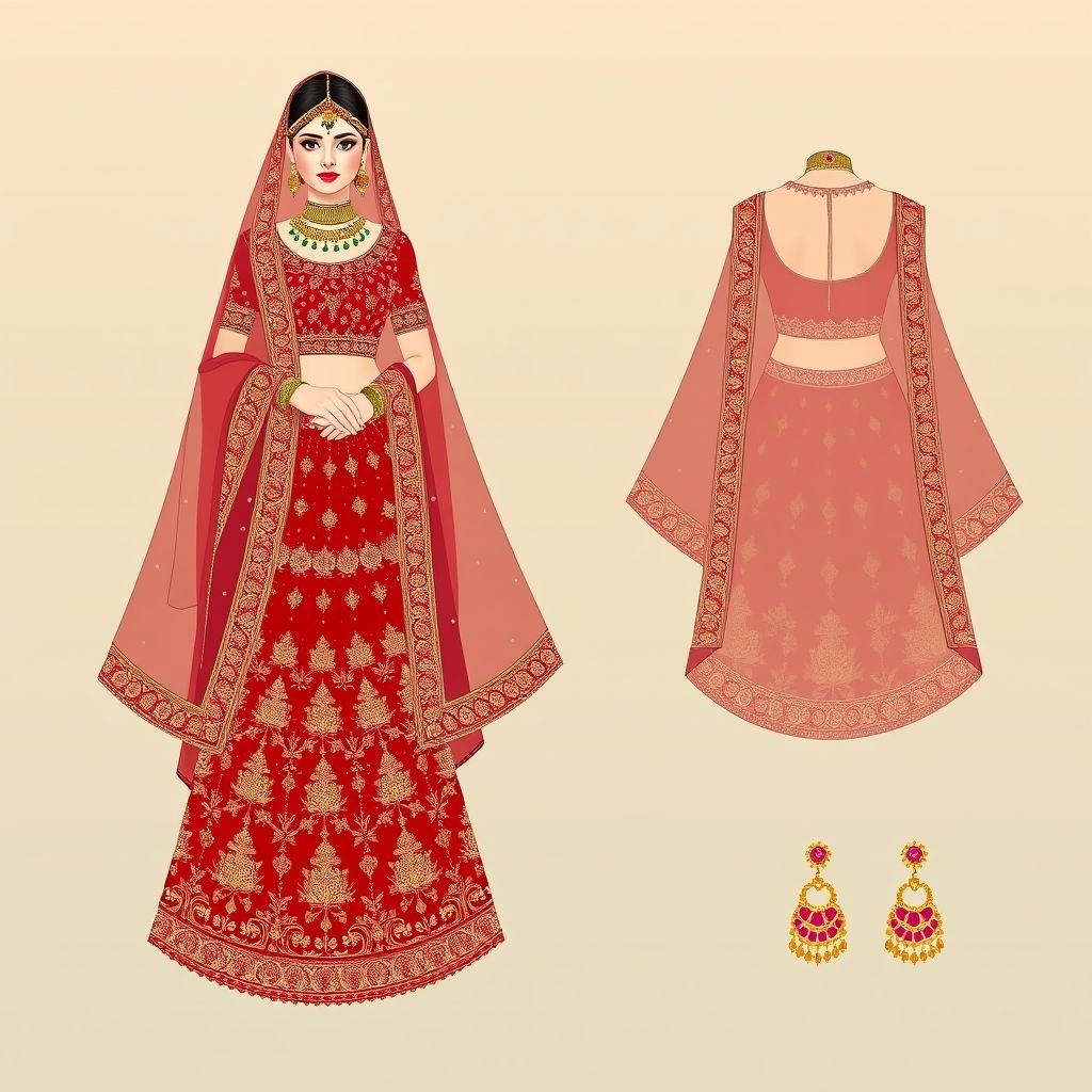 Bridal
Design a stunning Indian bridal ensemble featuring a richly embroidered lehenga adorned with intricate zardozi and mirror work. The outfit should be in deep crimson, paired with a delicate sheer dupatta embellished with gold motifs. Exquisite traditional jewelry, including a maang tikka and jhumkas, completes the regal, opulent look.