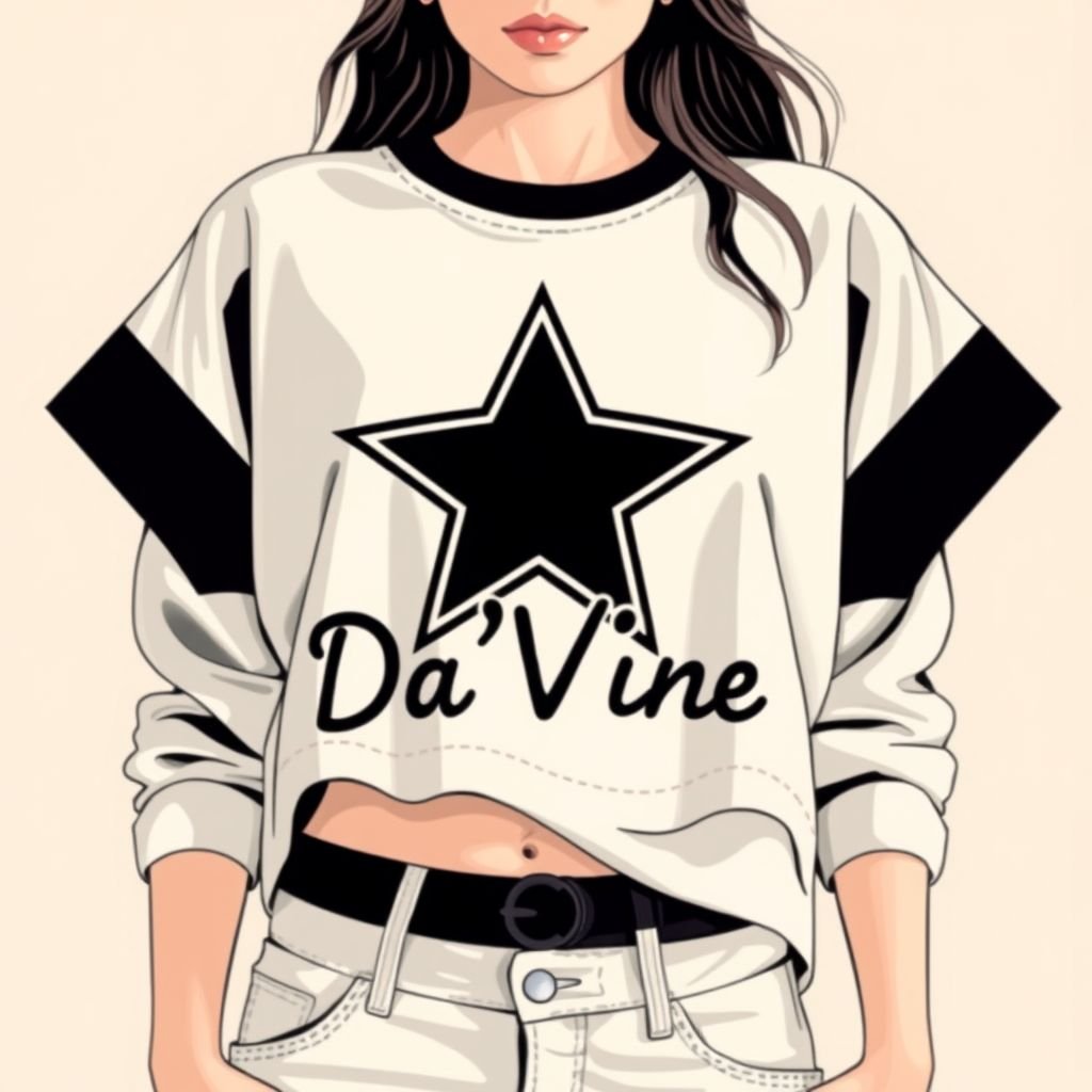 A oversized cropped Jersey with a star on it, that says “Da’Vine”
Design an effortlessly chic oversized cropped jersey, prominently featuring a bold star graphic and the word “Da’Vine” in a playful font. Utilize soft, breathable fabrics for ultimate comfort, and opt for a relaxed fit that pairs perfectly with high-waisted jeans or leggings. Embrace pastel hues to enhance the laid-back aesthetic.