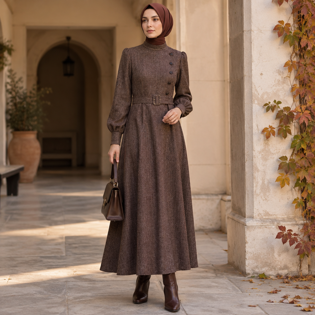 A Female Dress design, with modest, full coverage: longer hemlines, higher necklines and covered shoulders, suitable for Fall. JO fashion aesthetics. Current season is Autumn in JO. Present it as professional fashion catalogue photography: the garment is the subject, shown full-length with editorial styling, neutral posing and tasteful, non-suggestive framing.
photorealistic fashion design, A Female Dress design, with modest, full coverage: longer hemlines, higher necklines and covered shoulders, suitable for Fall. JO fashion aesthetics. Current season is Autumn in JO. Present it as professional fashion catalogue photography: the garment is the subject, shown full-length with editorial styling, neutral posing and tasteful, non-suggestive framing., just the design no text