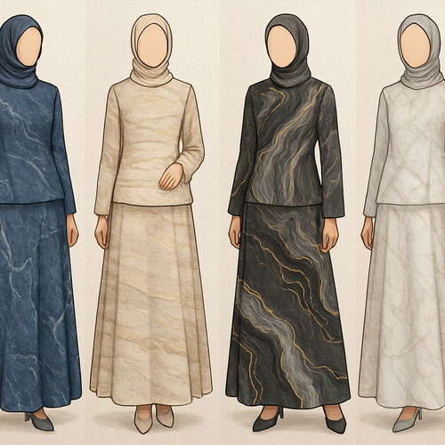 Create a modest two piece dress, first of its kind, featuring a unique stone design that exudes a classy and sophisticated vibe. I'd like four designs, each showcasing different styles and fabrics. Incorporate high-end, unique chic stone designs to make them truly special. Add little sophisticated stone designs. Make it irresistible with designs that stands out.