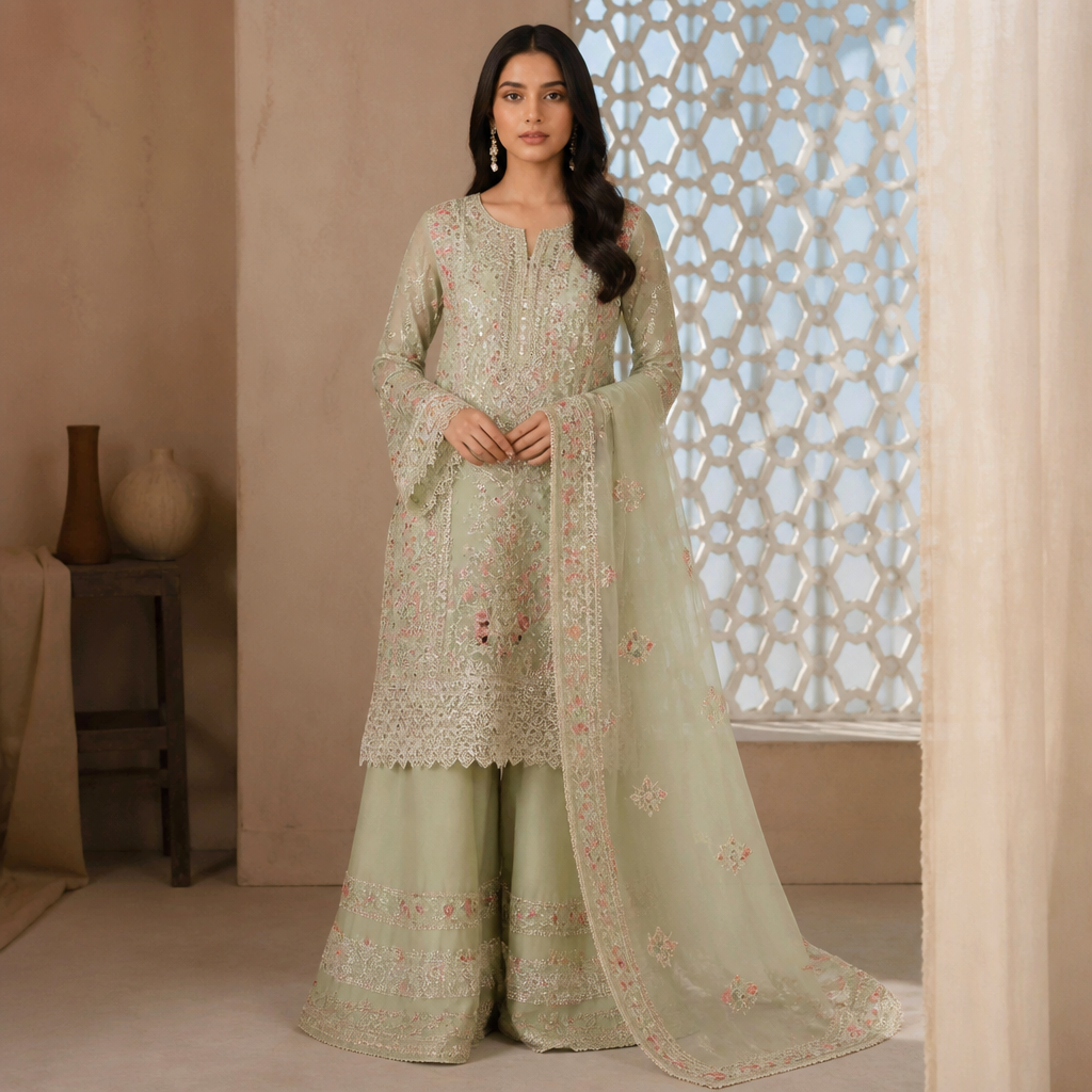 A Dress design. Consider Pakistani fashion — shalwar kameez, gharara, sharara; lawn fabrics, chiffon; intricate embroidery and mirror work. Current season is Summer in Pakistan.
photorealistic fashion design, A Dress design. Consider Pakistani fashion — shalwar kameez, gharara, sharara; lawn fabrics, chiffon; intricate embroidery and mirror work. Current season is Summer in Pakistan., just the design no text