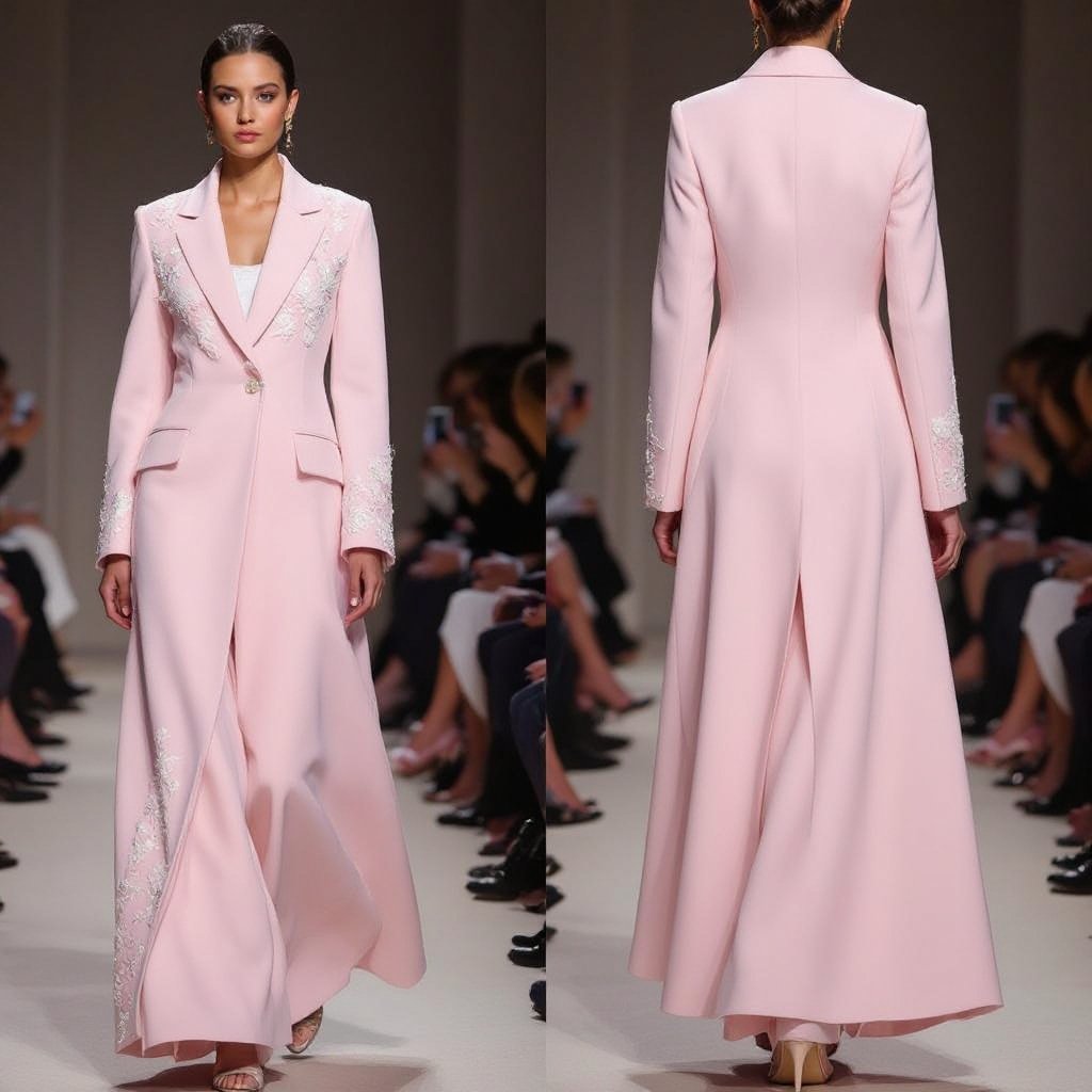Long Abaya Blazer Design – Formal & Elegant • Outer Fabric: Worsted Wool (Super Wool) in a baby pink shade (very soft light pink). • Offers a subtle refined sheen with a straight, elegant structure that enhances the blazer style. • Inner Lining: Bemberg Rayon in light beige or pastel pink for added comfort and smoothness. • Key Details: • A-Line cut flowing gracefully from shoulder to floor. • Slim feminine blazer lapel with clean, neat finishing. • Hidden inner closure to keep the focus on the outer design and embroidery. • Back design: Kept plain and minimal, with a small slit at the center back hem, emphasizing the blazer character while allowing ease of movement. • Embroidery: • Crafted in delicate off-white raised stitching. • Placement: Starting from the right shoulder, flowing down along the side of the chest, extending seamlessly to mid-waist. • Pattern: Elegant floral and leaf motifs in raised embroidery, adding a refined feminine touch without overwhelming the formal character. • Subtle accents in very light golden threads can be added for a luminous effect under lighting. ⸻ ✨ Result: A baby pink abaya blazer with refined off-white side embroidery, plain back with a subtle slit, designed to blend formality, luxury, and feminine softness — perfect for occasions and business gatherings.
Haute Couture fashion: Baby pink wool abaya blazer, A-line, with a slim lapel. Hidden front closure. Off-white raised floral embroidery from shoulder to mid-waist, with subtle gold accents. Plain back with a small hem slit.