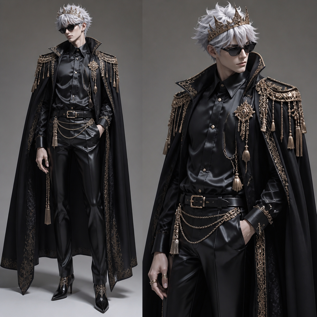 Satoru Gojo with black silky shirt and black silky cloak and tight trousers, with gold tassels brooch, waist chain tassels, belts, crown, rings, shoulders tassels, black sunglasses, black crystal heels. India fashion aesthetics.
photorealistic fashion design, Satoru Gojo with black silky shirt and black silky cloak and tight trousers, with gold tassels brooch, waist chain tassels, belts, crown, rings, shoulders tassels, black sunglasses, black crystal heels. India fashion aesthetics., just the design no text
