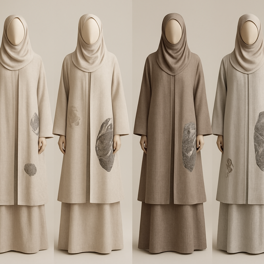 Create a modest two-piece linen abaya, the first of its kind, featuring a unique stone design that exudes a classy and sophisticated vibe. I’d like four designs, each showcasing different styles and fabrics. Incorporate high-end, unique chic stone designs to make them truly special. Add little sophisticated stone designs.

Create a modest two-piece linen abaya, the first of its kind, featuring a unique stone design that exudes a classy and sophisticated vibe. I’d like four designs, each showcasing different styles and fabrics. Incorporate high-end, unique chic stone designs to make them truly special. Add little sophisticated stone designs.