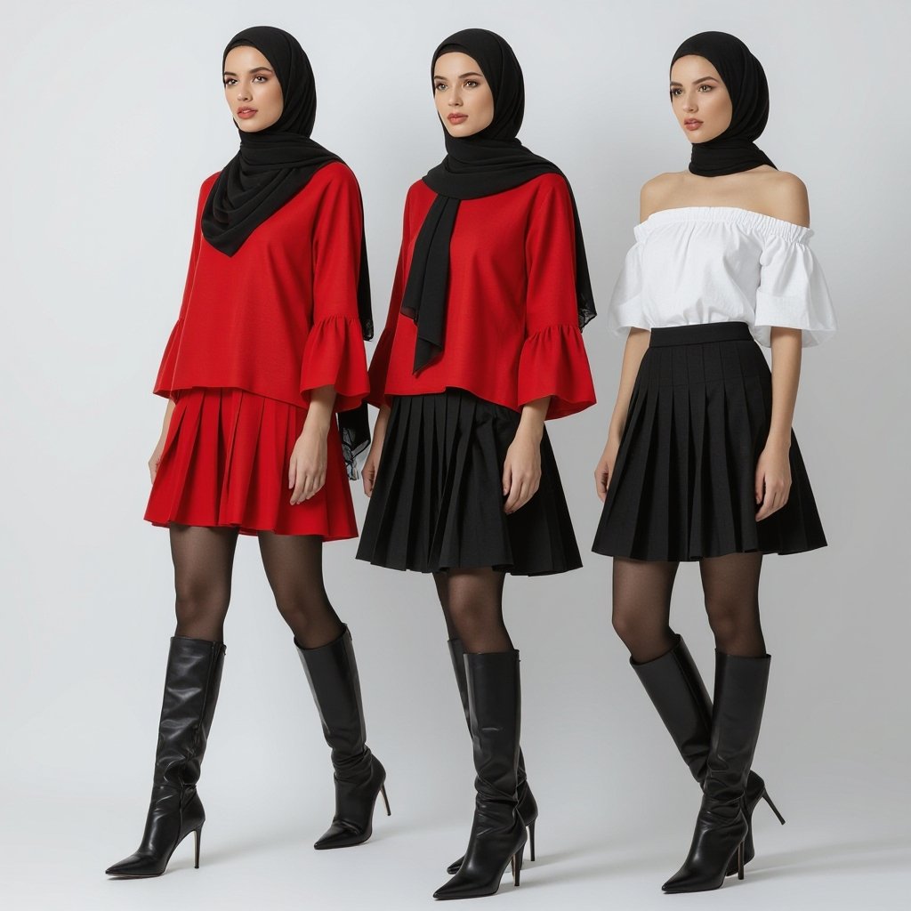 Black hijab, red open blouse, white sleeveless and off shoulder top, black short a-line pleated skirt, sheer black tights, knee high thight fitted boots with high heels
Black jersey hijab. Red linen open blouse, oversized fit. White cotton sleeveless and off-shoulder top. Black short a-line pleated skirt. Sheer black tights. Black leather knee-high fitted boots with high heels.