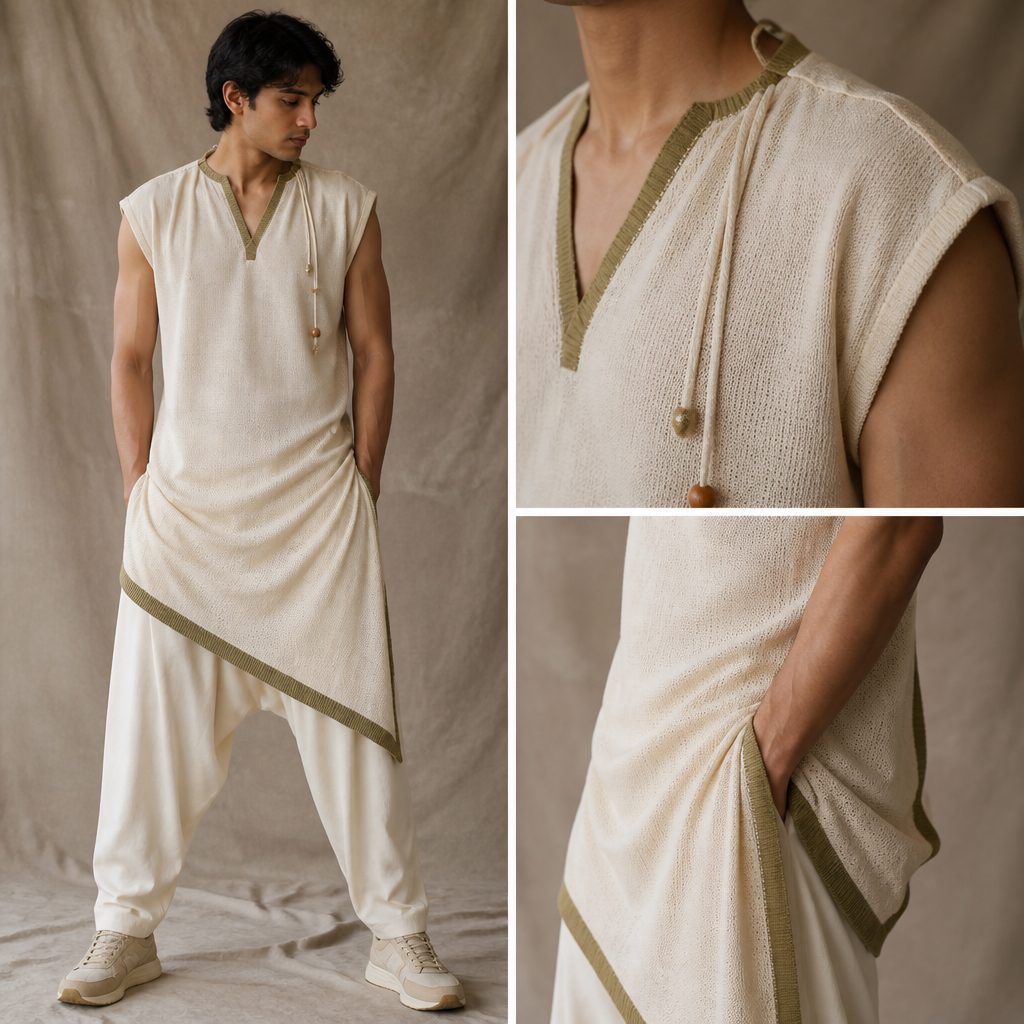 photorealistic fashion design, A Male Dress design, made of Wool, for Date Night, suitable for Summer, in Athleisure + Cottagecore + Indian style, athleisure style, just the design no text. Refinement: Gautama
photorealistic fashion design, photorealistic fashion design, A Male Dress design, made of Wool, for Date Night, suitable for Summer, in Athleisure + Cottagecore + Indian style, athleisure style, just the design no text. Refinement: Gautama, just the design no text