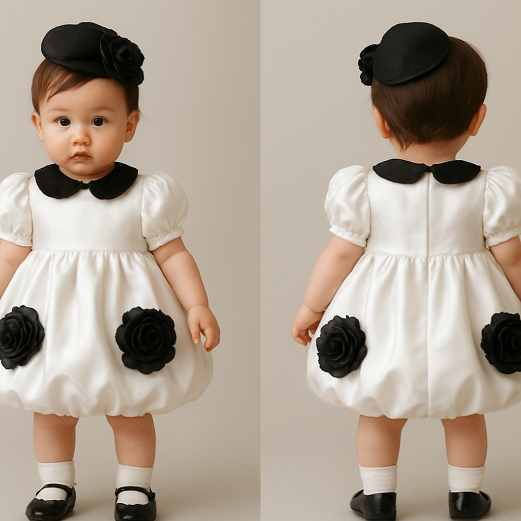 一歳の女の子着用画
白のサテンドレス、襟は丸くて黒、バルーンスカートで丈は膝上
パフスリーブ(ボリュームあり)
サテンの黒の大きなバラをスカート部分の前側と後ろ側に均等に3つずつバランスよくつけて
頭には黒のカクテルハット、同じバラを小さめで着けて
白い靴下に黒いパンプス
一歳の女の子着用画
白のサテンドレス、襟は丸くて黒、バルーンスカートで丈は膝上
パフスリーブ(ボリュームあり)
サテンの黒の大きなバラをスカート部分の前側と後ろ側に均等に3つずつバランスよくつけて
頭には黒のカクテルハット、同じバラを小さめで着けて
白い靴下に黒いパンプス
, show front and back