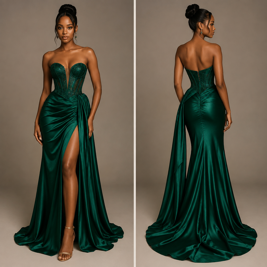 A Dress design, made of Silk, with a rich, textured surface, with a Tailored silhouette, with a minimal-coverage cut, in a Jewel Tones color palette, for Formal, suitable for Fall, suited to a Humid climate, in Formal style, shown on a model with brown skin and a slim figure. please give Matric Dance vibes. South Africa fashion aesthetics. Present it as professional fashion catalogue photography: the garment is the subject, shown full-length with editorial styling, neutral posing and tasteful, non-suggestive framing.
photorealistic fashion design, A Dress design, made of Silk, with a rich, textured surface, with a Tailored silhouette, with a minimal-coverage cut, in a Jewel Tones color palette, for Formal, suitable for Fall, suited to a Humid climate, in Formal style, shown on a model with brown skin and a slim figure. please give Matric Dance vibes. South Africa fashion aesthetics. Present it as professional fashion catalogue photography: the garment is the subject, shown full-length with editorial styling, neutral posing and tasteful, non-suggestive framing., formal style, just the design no text, show front and back