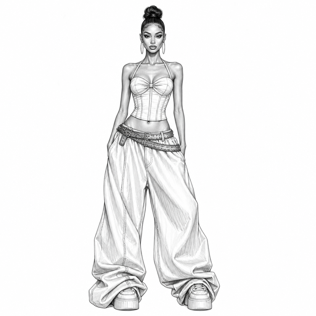 A Female fashion design. Full-body high-fashion fashion illustration, front view, clean white background, black-and-white pencil sketch, luxury streetwear aesthetic, edgy and savage feminine style.
Model with an extremely snatched waist, long legs, slim athletic figure, confident runway pose, sleek high bun hairstyle, sharp facial features, full lips, dramatic eyeliner, fashion sketch proportions.
TOP:
Structured halter-neck corset top with thin straps around the neck. The corset is fitted and sculpted, emphasizing the waist. Straight hemline across the bottom (not pointed, not V-shaped, not curved). The corset ends exactly around the belly-button level, exposing a small section of the lower stomach. Center chest features a gathered bow-inspired fabric detail that looks like real ruched fabric rather than an actual bow. Visible corset seams, boning lines, and panel construction. Material appears matte cotton-satin or matte structured fabric, not shiny.
WAIST:
Very small, cinched waist creating a strong hourglass silhouette. Visible gap between corset hem and trouser waistband showing part of the stomach and belly button.
BELTS:
Three layered diagonal belts crossing the hips from one side to the other. Belts are stacked and slightly loose, creating an urban luxury streetwear vibe. Studded and textured details.
TROUSERS:
Extremely oversized baggy trousers. Extra volume from hips to ankles. Wide balloon-leg silhouette with dramatic folds, gathers, and fabric pooling around the shoes. Streetwear-inspired fit with deep creases and soft draping. Waistline sits low on the hips beneath the corset. Fabric appears lightweight and flowing but structured enough to hold shape.
FOOTWEAR:
Chunky high-top sneakers partially hidden beneath the oversized trouser hems.
STYLE:
Luxury streetwear, Y2K fashion, baddie aesthetic, fashion week concept sketch, designer runway illustration, highly detailed linework, professional fashion drawing, elegant but rebellious, feminine yet edgy, clean pencil rendering, realistic fabric folds, couture-level fashion illustration.. Nigeria fashion aesthetics. Design with modest coverage.
photorealistic fashion design, A Female fashion design. Full-body high-fashion fashion illustration, front view, clean white background, black-and-white pencil sketch, luxury streetwear aesthetic, edgy and savage feminine style.
Model with an extremely snatched waist, long legs, slim athletic figure, confident runway pose, sleek high bun hairstyle, sharp facial features, full lips, dramatic eyeliner, fashion sketch proportions.
TOP:
Structured halter-neck corset top with thin straps around the neck. The corset is fitted and sculpted, emphasizing the waist. Straight hemline across the bottom (not pointed, not V-shaped, not curved). The corset ends exactly around the belly-button level, exposing a small section of the lower stomach. Center chest features a gathered bow-inspired fabric detail that looks like real ruched fabric rather than an actual bow. Visible corset seams, boning lines, and panel construction. Material appears matte cotton-satin or matte structured fabric, not shiny.
WAIST:
Very small, cinched waist creating a strong hourglass silhouette. Visible gap between corset hem and trouser waistband showing part of the stomach and belly button.
BELTS:
Three layered diagonal belts crossing the hips from one side to the other. Belts are stacked and slightly loose, creating an urban luxury streetwear vibe. Studded and textured details.
TROUSERS:
Extremely oversized baggy trousers. Extra volume from hips to ankles. Wide balloon-leg silhouette with dramatic folds, gathers, and fabric pooling around the shoes. Streetwear-inspired fit with deep creases and soft draping. Waistline sits low on the hips beneath the corset. Fabric appears lightweight and flowing but structured enough to hold shape.
FOOTWEAR:
Chunky high-top sneakers partially hidden beneath the oversized trouser hems.
STYLE:
Luxury streetwear, Y2K fashion, baddie aesthetic, fashion week concept sketch, designer runway illustration, highly detailed linework, professional fashion drawing, elegant but rebellious, feminine yet edgy, clean pencil rendering, realistic fabric folds, couture-level fashion illustration.. Nigeria fashion aesthetics. Design with modest coverage., just the design no text