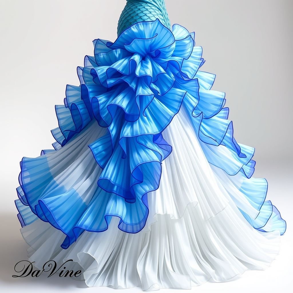 Can you create me a ruffled. The dress should flare out some at the bottom. With the colors, baby blue iridescent mermaid, royal blue iridescent mermaid, and white. With Iridescent Mermaid Scale Gradient Organza Fabric With Pleats And Ruffles For Decoration. Put Da’Vine in the bottom left corner of screen.
Design a breathtaking glamorous gown featuring an extravagant ruffled silhouette that flares elegantly at the hem. Utilize iridescent mermaid-scale gradient organza fabric in stunning baby blue and royal blue, contrasted by ethereal white pleats. Accentuate drama with cascading ruffles, and elegantly position “Da’Vine” in the bottom left corner for added signage.