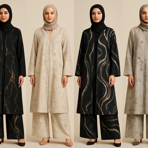 Create a modest abaya and loose pant, first of its kind, featuring a unique stone design that exudes a classy and sophisticated vibe. I'd like four designs, each showcasing different styles and fabrics. Incorporate high-end, unique chic stone designs to make them truly special. Add little sophisticated stone designs. Make it irresistible!