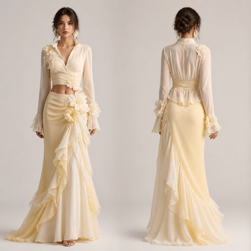 Feminine straight flowy accentuate waist y2k organza drapery ruffles elegant 2 piece set skirt long shirt flowy ivory butter yellow classy feminine flower appliques evening dressy
photorealistic fashion design, Feminine straight flowy accentuate waist y2k organza drapery ruffles elegant 2 piece set skirt long shirt flowy ivory butter yellow classy feminine flower appliques evening dressy, preppy_chic style, just the design no text, show front and back