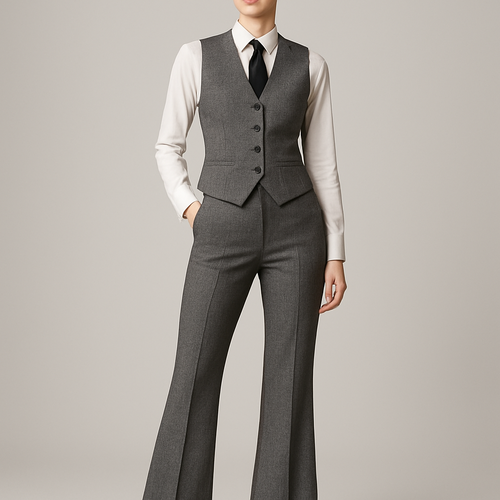 Grey vest with button up and tie and flared sweatpants 