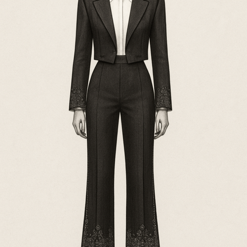 Bir smokin olacak pantolonun basen kısmı dar paçalara doğru indikçe genişliyor fakat extra bol değil. Orantılı bir iniş paçalarında ortadoğu temsil eden dantel detayı olacak paça uçlarında olacak. Ve bu parça pantolunun yan taraflarında ince şerit seklinde yukarı doğru çıkacak. Üstünde ise iç olarak smokin gömleği düz bir beyaz gömlek olucak. Üstünde ceker olarak kemer altına kadar inen aslında crop bir smokin ceketi olucak. Bu ceketin kol uçlarında pantolonda olan o dantel derayı olucak.