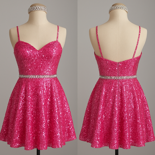 Pink outgoing dress that you’d wear to Vegas with lots of sequence and diamonds headband on a mannequin