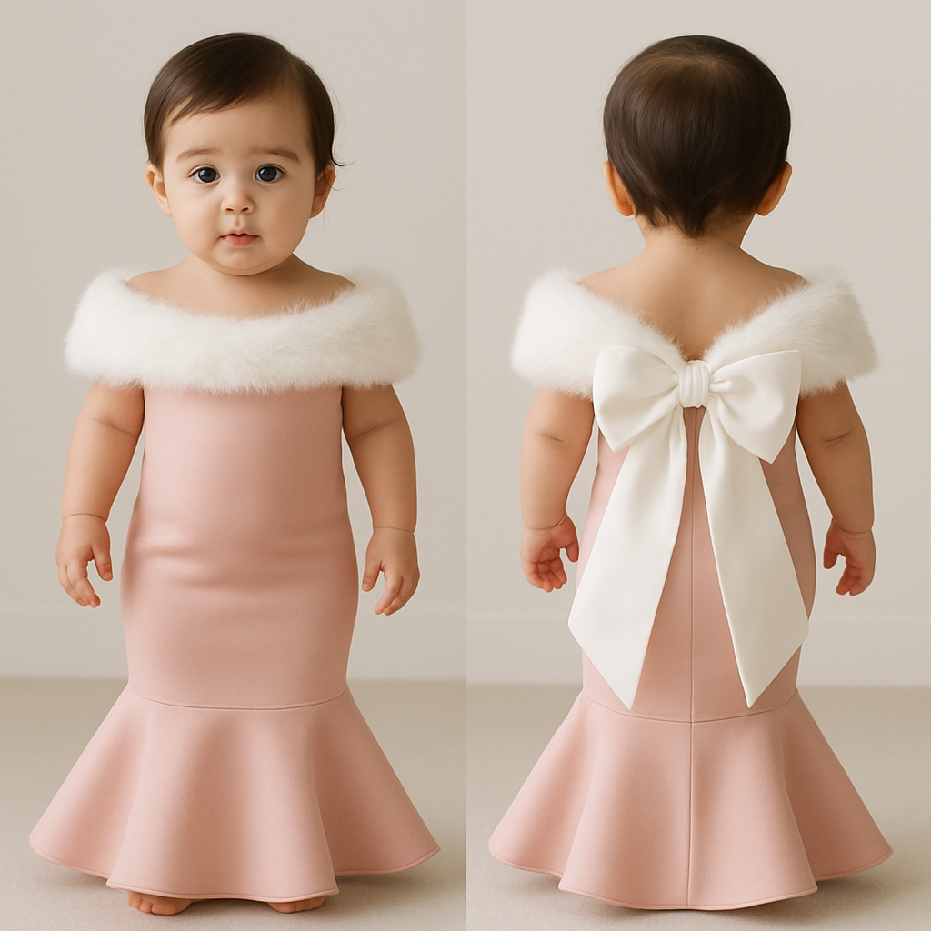 1歳の女の子のベビードレス
薄ピンク色のタイトなマーメイドドレス
肩周りが白いファーのオフショル
背中に大きなリボン
リボンは白で、サテン
1歳の女の子のベビードレス
薄ピンク色のタイトなマーメイドドレス
肩周りが白いファーのオフショル
背中に大きなリボン
リボンは白で、サテン, show front and back