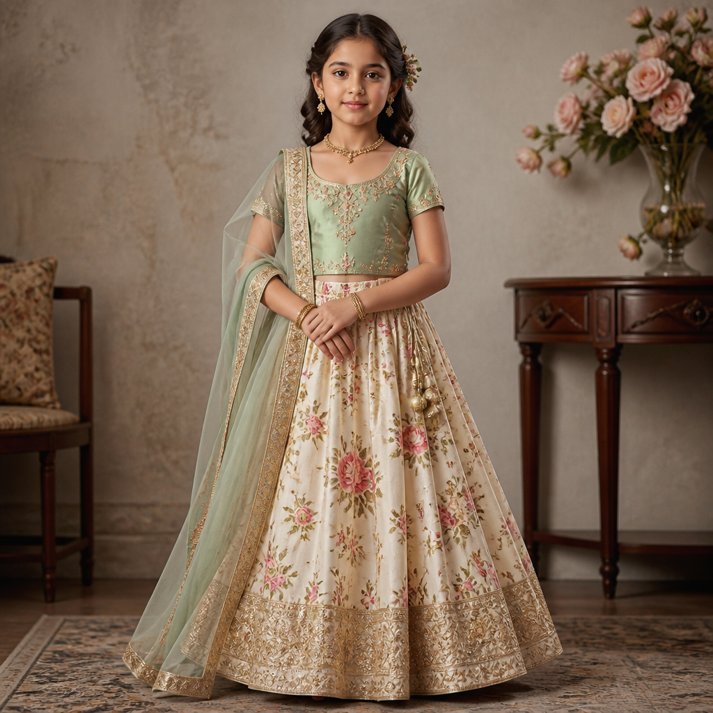 A Female Dress design, suitable for Summer, in Vintage style. create kids lehanga blouse pattern with maggam work blouse. India fashion aesthetics. Present it as professional fashion catalogue photography: the garment is the subject, shown full-length with editorial styling, neutral posing and tasteful, non-suggestive framing.
photorealistic fashion design, A Female Dress design, suitable for Summer, in Vintage style. create kids lehanga blouse pattern with maggam work blouse. India fashion aesthetics. Present it as professional fashion catalogue photography: the garment is the subject, shown full-length with editorial styling, neutral posing and tasteful, non-suggestive framing., vintage style, just the design no text