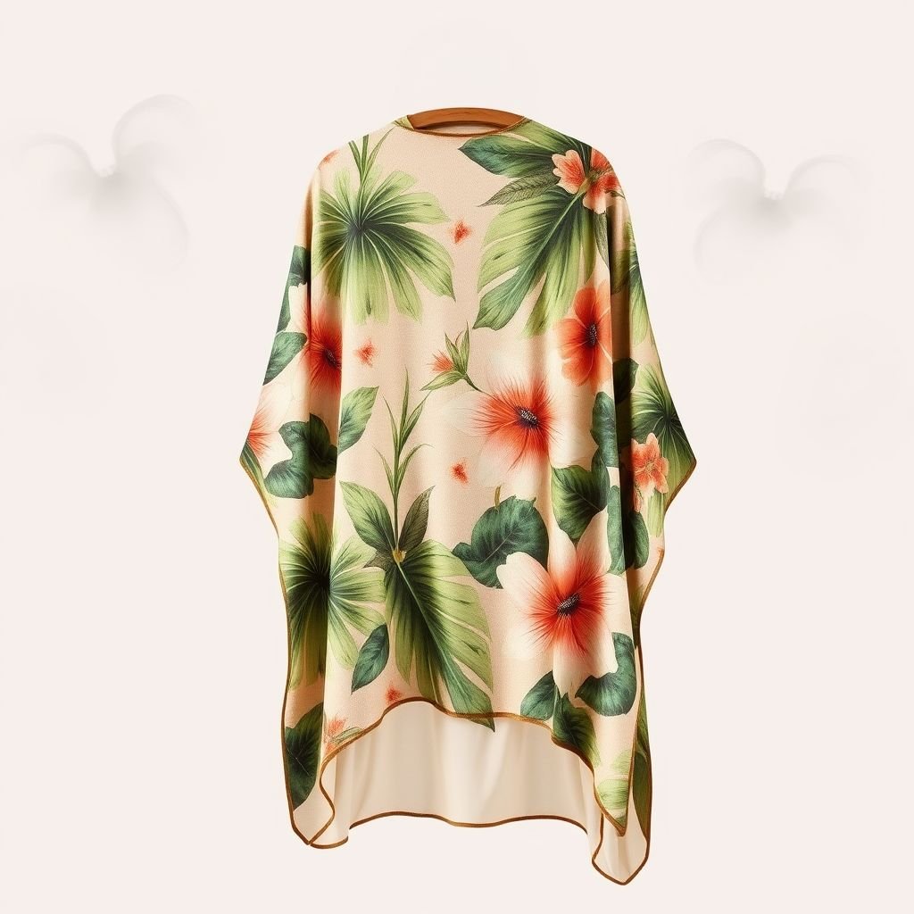 summer boho woman nood colors poncho which is handpainted of jungle
Design a summer boho poncho in soft, dreamy nude colors, inspired by lush jungles. The hand-painted fabric features vibrant tropical leaves and delicate florals, merging earthy tones with subtle pastels. This flowing piece drapes elegantly, allowing freedom of movement, perfect for beach days or festivals, embracing a laid-back, natural vibe.