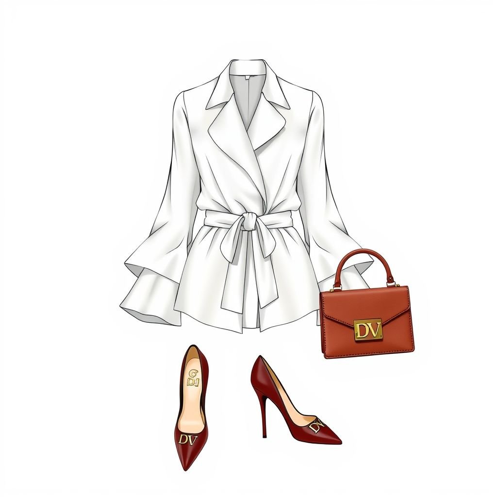 Women's Double-Layer flare Sleeve Tie-Front Blouse, with a belt around waist that says “DV” and “DV” on tag inside shirt. With heels on that has “DV” on bottom and a purse with DV on it to match the skirt and heels
Design a sophisticated women's double-layer flare sleeve blouse with a refined tie-front detail, cinched at the waist with an elegant belt embossed with “DV.” Pair this with chic high heels featuring a subtle “DV” insignia on the soles, and a stylish purse adorned with the same motif, creating a harmonious, elegant ensemble.