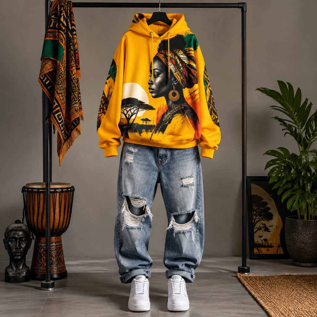 an oversized graphic hoodie in a bold color, paired with relaxed fit torn jeans, urban casual streetwear look, displayed on a hanger, flat lay style,. South Africa fashion aesthetics. Present it as professional fashion catalogue photography: the garment is the subject, shown full-length with editorial styling, neutral posing and tasteful, non-suggestive framing.
photorealistic fashion design, an oversized graphic hoodie in a bold color, paired with relaxed fit torn jeans, urban casual streetwear look, displayed on a hanger, flat lay style,. South Africa fashion aesthetics. Present it as professional fashion catalogue photography: the garment is the subject, shown full-length with editorial styling, neutral posing and tasteful, non-suggestive framing., just the design no text