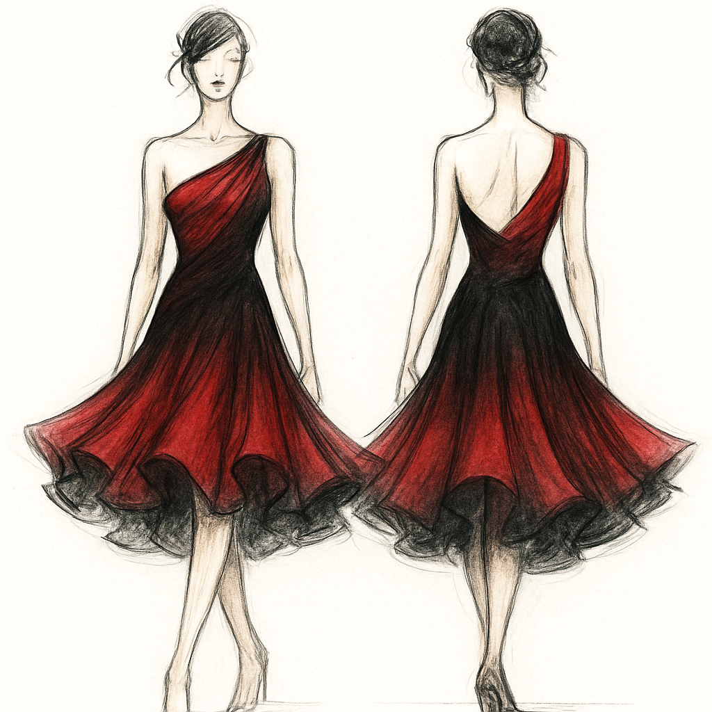 rumba dance dress, one shoulder design, inspired by American Smooth style, elegant and sexy, flared skirt that spreads beautifully when spinning, red and black gradient fabric, chiffon layers, fashion sketch style, front and back view

rumba dance dress, one shoulder design, inspired by American Smooth style, elegant and sexy, flared skirt that spreads beautifully when spinning, red and black gradient fabric, chiffon layers, fashion sketch style, front and back view