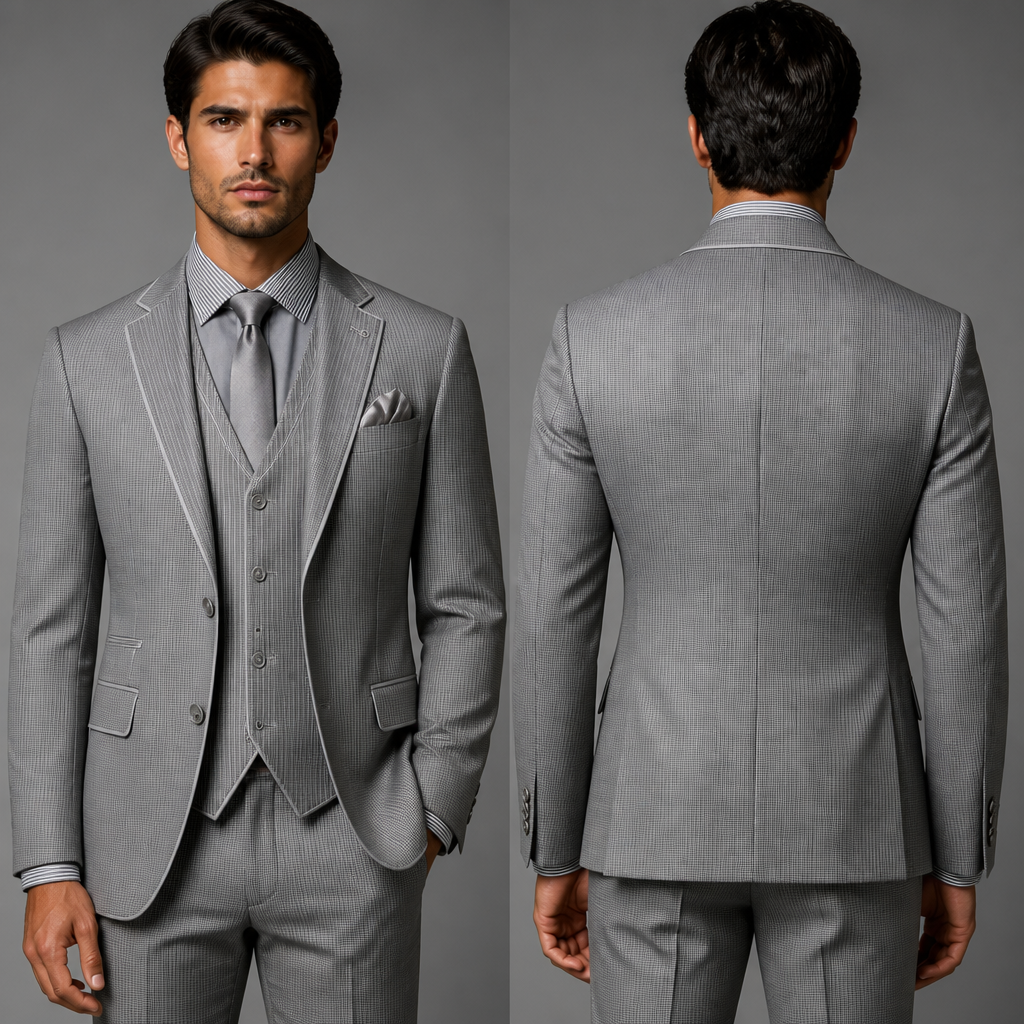 Man’s Two button three piece suit in silk and wool suit in grey and light grey very small checks trimmed in silver thin cord, the vest is grey and light grey thin stripes . But jacket lapel is also striped on the and the shirt is a solid grey , but the shirt collar is striped . The jacket pocket is trimmed in silver cord .and the the handkerchief pocket and two pockets on the bottom of the jacket is also trimmed in silver cord
photorealistic fashion design, Man’s Two button three piece suit in silk and wool suit in grey and light grey very small checks trimmed in silver thin cord, the vest is grey and light grey thin stripes . But jacket lapel is also striped on the and the shirt is a solid grey , but the shirt collar is striped . The jacket pocket is trimmed in silver cord .and the the handkerchief pocket and two pockets on the bottom of the jacket is also trimmed in silver cord , luxury style, just the design no text, show front and back