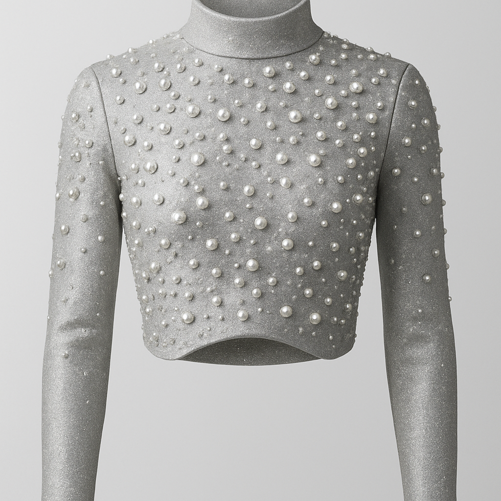 Silver long sleeve crop top with high neck curved hem and embellished with pearls and rhinestones
Silver long sleeve crop top with high neck curved hem and embellished with pearls and rhinestones