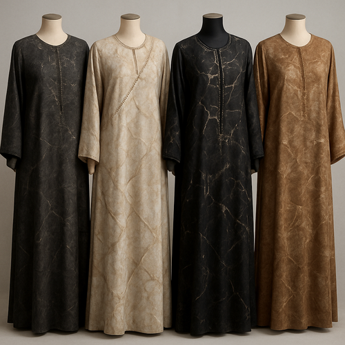Create a modest boubou, the first of its kind, featuring a unique stone design that exudes a classy and sophisticated vibe. I'd like four designs, each showcasing different styles and fabrics. Incorporate high-end, unique chic stone designs to make them truly special. Add little sophisticated stone designs.